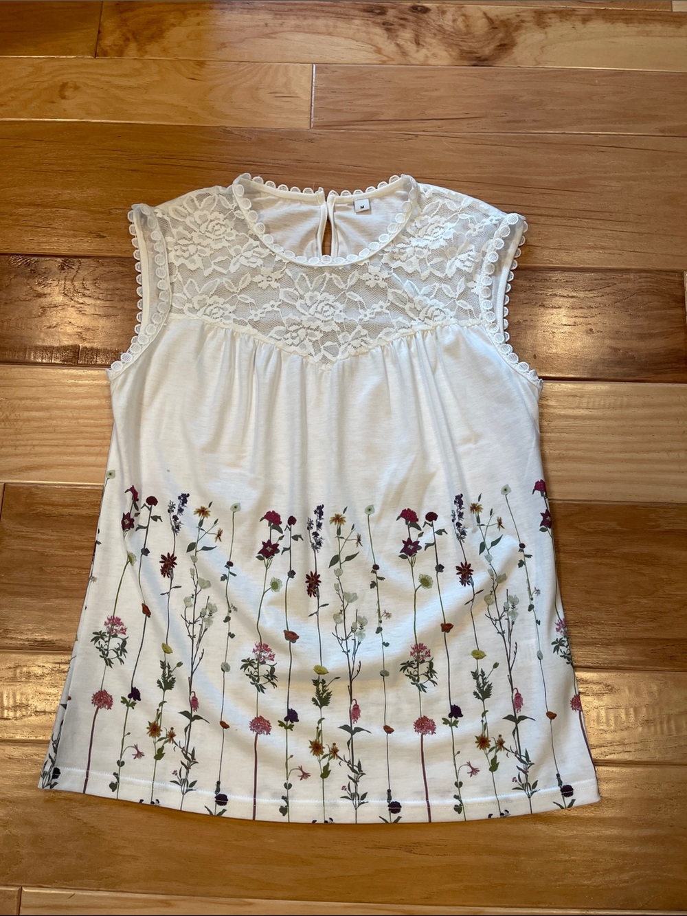 White Lace Yoke Floral Tank Top